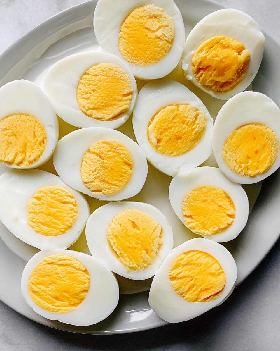 The image shows a close-up of eleven halved hard boiled eggs arranged on a white plate, set on a white marbled surface. Each egg half has a smooth white outer layer and a firm, bright yellow yolk in the center with slight texture differences. The eggs fill the frame with some overlapping and varying angles, showing a simple, clean presentation of the dish. Photo taken with an iphone --ar 4:5 --v 7