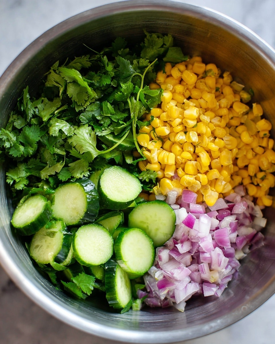 The image shows a mixing bowl with four visible layers of fresh salad ingredients arranged in separate sections. On the left, there are dark green cilantro leaves with rough, jagged edges. Below the cilantro, bright green cucumber slices with dark green edges and light, translucent centers are stacked in an overlapping manner. On the right side, there is a pile of bright yellow corn kernels, each shiny and round. Above the corn, finely chopped red onions with pale purple and white pieces add a different texture. The bowl has a soft metallic texture and the photo was taken on a white marbled surface. photo taken with an iphone --ar 4:5 --v 7