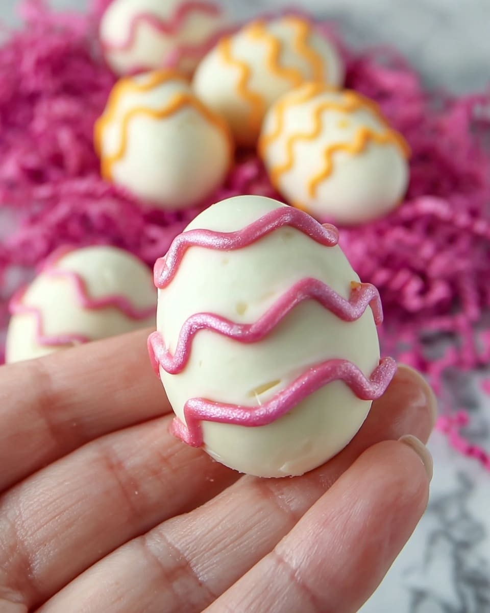 A small round treat that looks like a white egg-shaped candy with smooth white icing covering it, decorated with three lines of shiny pink squiggles evenly spaced across the top, held gently in a woman's hand, with more similar egg-shaped candies in the background that have white icing and pink or orange wavy line decorations, all placed on a white marbled texture with a pink shredded material beneath. Photo taken with an iphone --ar 4:5 --v 7
