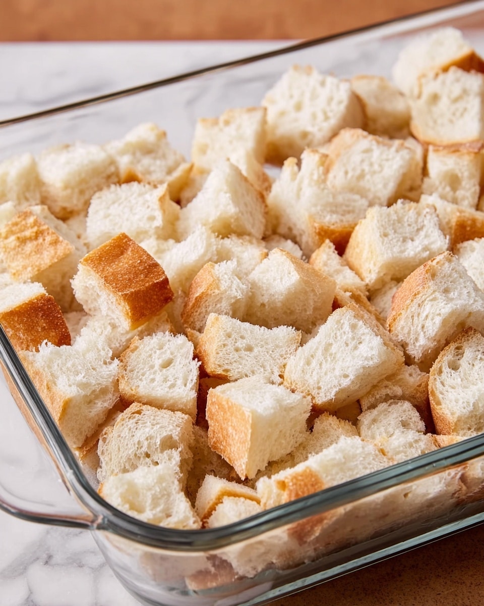 A clear glass dish filled with many small cubes of white bread with light golden crusts, spread evenly across one layer inside the dish. The bread pieces have a soft, airy texture and are arranged loosely without stacking, showing both crusty edges and fluffy interiors. The dish is sitting on a white marbled surface with warm natural lighting highlighting the different textures of the bread. photo taken with an iphone --ar 4:5 --v 7