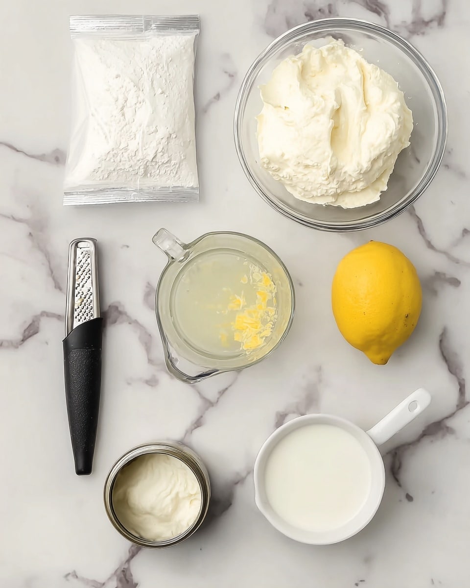 A white marbled surface holds several ingredients for a recipe, arranged neatly. At the top left, there is a sealed packet of white powder. Next to it on the right is a clear glass bowl filled with fluffy white cream. Below the bowl, a clear glass measuring cup contains a pale yellow liquid. To the left of the cup is a whole yellow lemon and a black-handled grater with some lemon zest on it. To the left of the lemon is an opened can showing a smooth creamy substance inside. At the bottom right, there is a white measuring cup holding a white liquid. All the items contrast cleanly against the white marbled background. Photo taken with an iphone --ar 4:5 --v 7