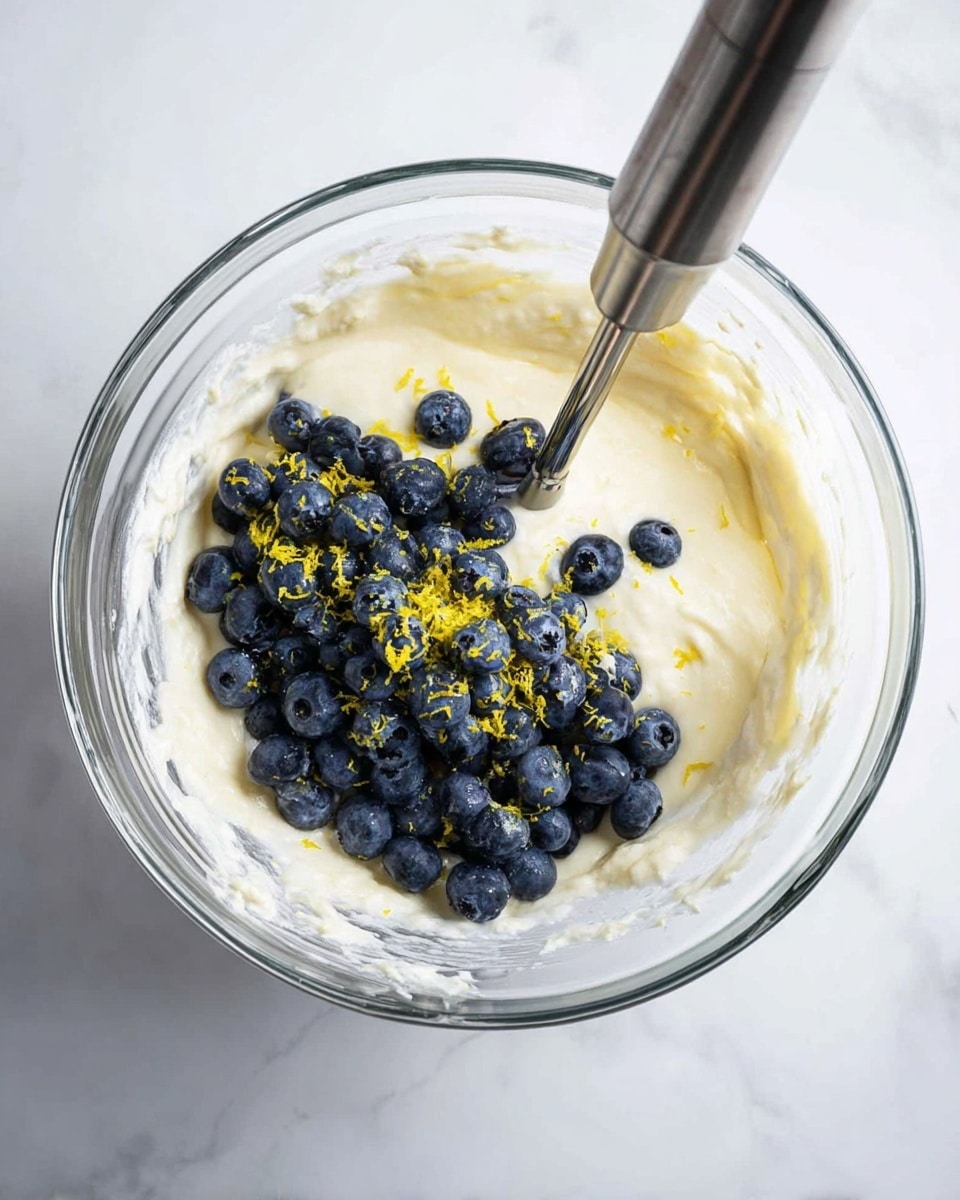 A clear glass bowl sits on a white marbled surface, filled with a creamy, pale yellow batter. On top of the batter is a generous pile of fresh, dark blue blueberries scattered unevenly. Bright yellow lemon zest is sprinkled lightly over the blueberries, adding a pop of color. A silver immersion blender stands in the middle of the bowl, partially immersed in the batter, ready to mix. The overall scene is clean and bright, highlighting the contrast between the batter, blueberries, and lemon zest. photo taken with an iphone --ar 4:5 --v 7