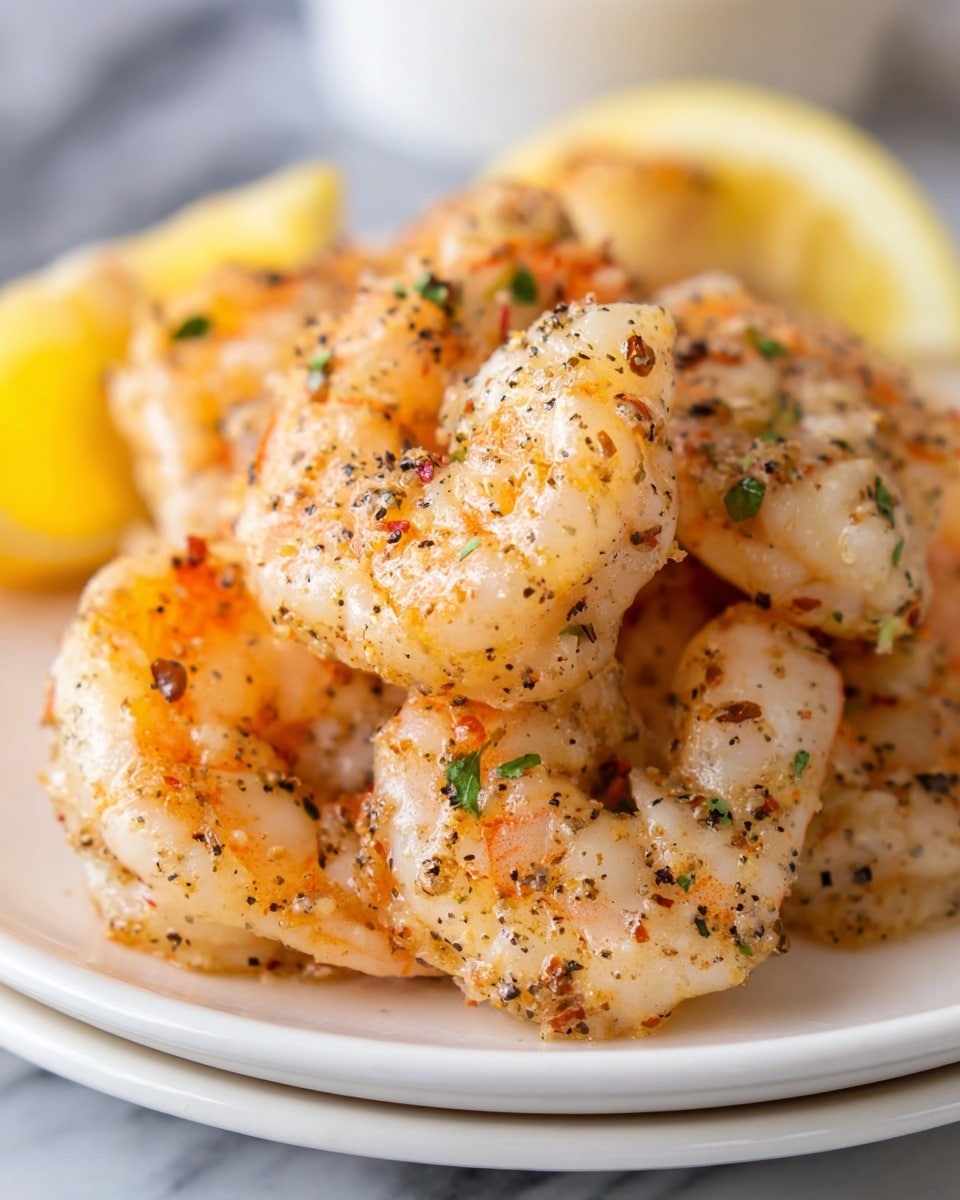 A white bowl is filled with cooked shrimp seasoned with black pepper and small bits of herbs. The shrimp are light pink with some orange and white sections, showing a slightly rough texture from the seasoning. Small green herb pieces are scattered over the shrimp, adding a bit of color. At the top edge of the bowl, a bright yellow lemon wedge rests, adding contrast. The whole bowl sits on a white marbled surface. photo taken with an iphone --ar 4:5 --v 7