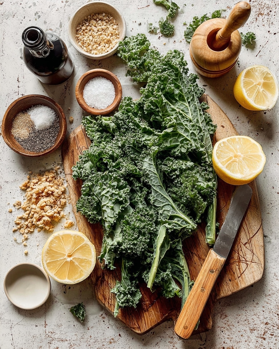 The image shows a wooden cutting board on a white marbled surface. On the board, there is a pile of fresh curly kale leaves with dark green color and textured, curly edges, some extending off the board. Next to the kale, a knife with a wooden handle lies flat, partially covered by the leaves. Two lemon halves with bright yellow flesh and a wooden citrus reamer are placed near the top center of the board. Surrounding the board are small bowls with different ingredients: one with coarse salt (white and grainy), one with mixed pepper (black and white specks), one with small golden-brown crumbled pieces resembling bread crumbs, and one with light-colored grated shavings. A dark bottle with a black cap is near the top left of the image. Woman's hand is not visible but implied for preparation. photo taken with an iphone --ar 4:5 --v 7