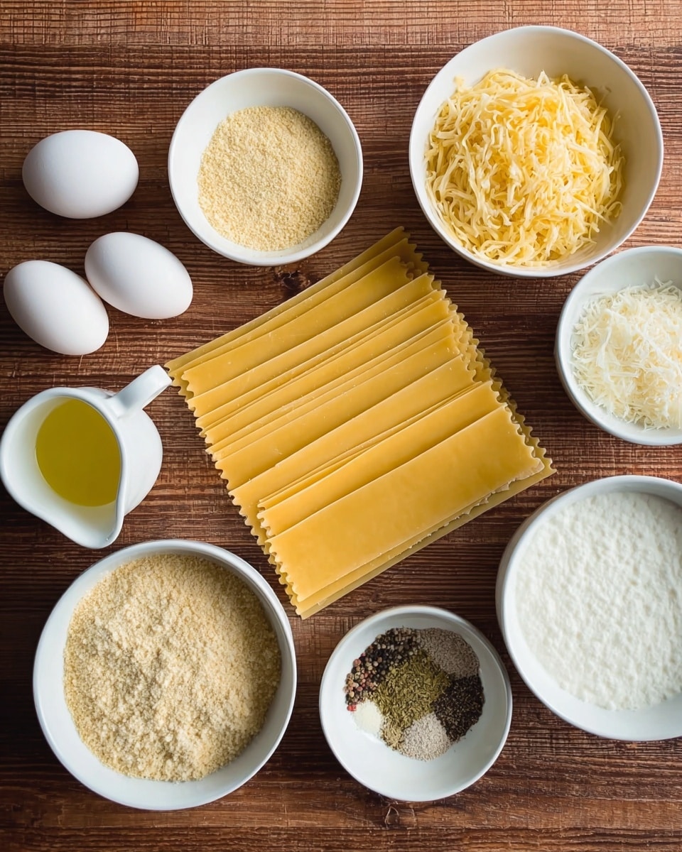 The image shows a wooden table with several white bowls and a small pitcher arranged neatly. In the center, there are six flat, wide, yellow lasagna pasta sheets stacked slightly overlapping each other. Surrounding the pasta are white bowls filled with different ingredients: two bowls contain light beige and pale yellow breadcrumbs, one bowl has shredded pale yellow cheese, another has a grainy white cheese, and there is a bowl with a white creamy substance. There is also a small bowl with mixed spices—green, black, and white granules—and a small bowl with a liquid, likely milk. On the left side of the pasta are three whole white eggs and a white pitcher holding a yellow liquid, possibly oil. The setup is on a wood table with no other items in the frame. Photo taken with an iphone --ar 4:5 --v 7