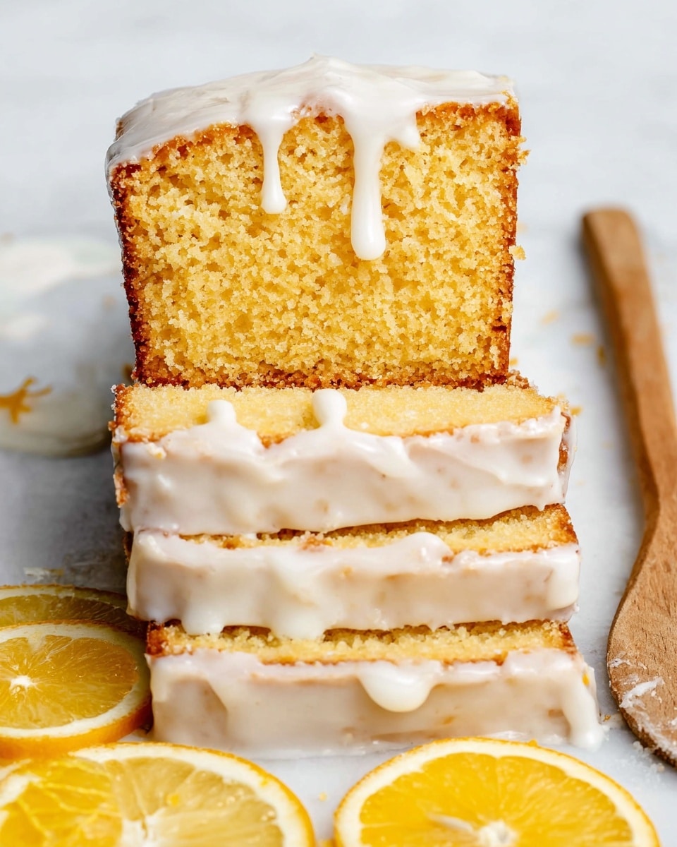 The image shows a stack of four slices of yellow cake with a smooth white glaze coating each slice. The top slice is positioned slightly tilted to display its moist, crumbly texture with drips of glaze on its surface. The cake slices are placed on a white marbled surface, and there are three bright yellow lemon slices with visible texture arranged at the base of the cake stack. To the right side, a wooden spoon is partially visible. The overall scene is bright and clean, emphasizing the moist, soft texture of the cake and the shiny glaze on top photo taken with an iphone --ar 4:5 --v 7