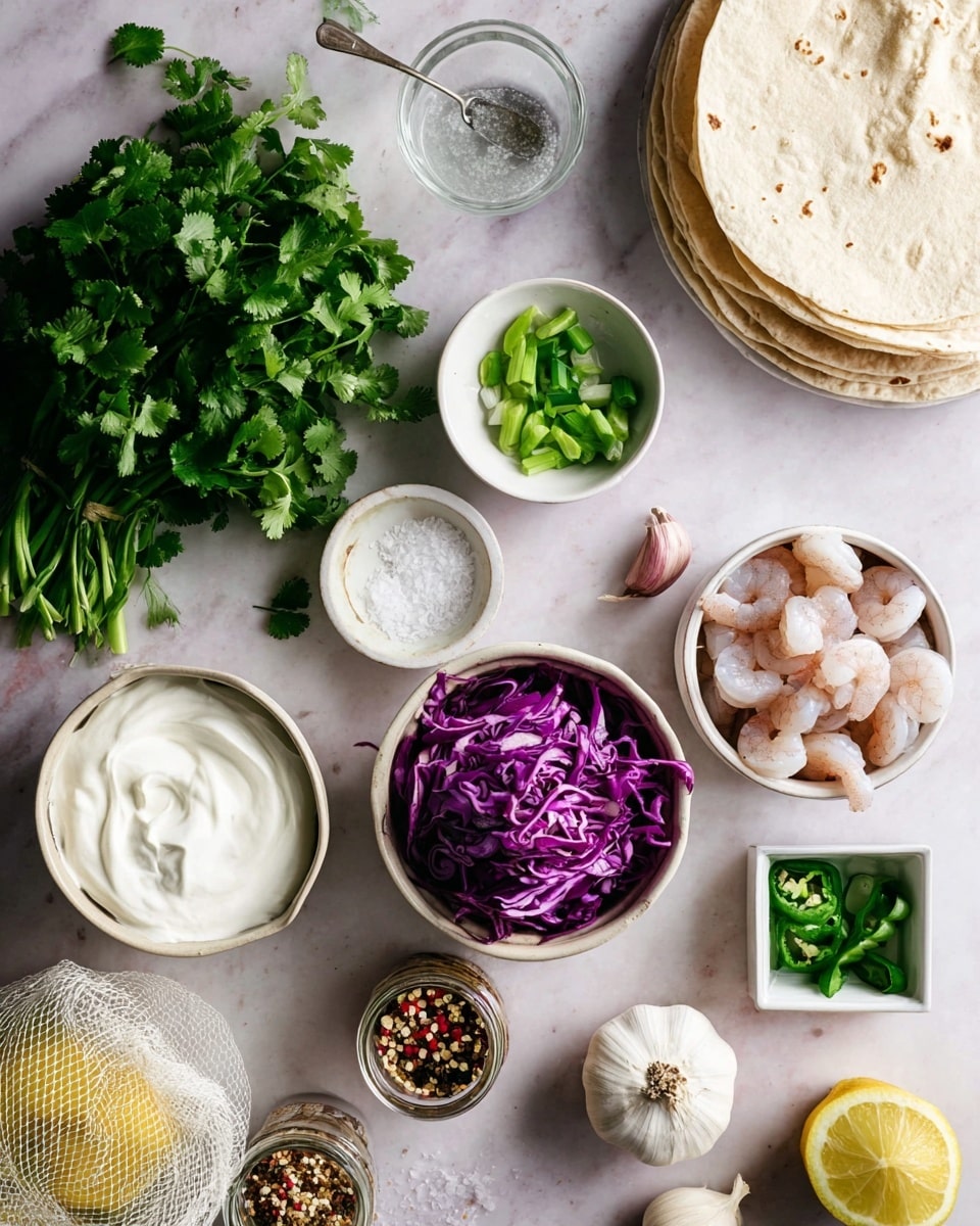 The image shows a flat layout of fresh ingredients on a white marbled surface. Starting from the bottom, there is a bowl filled with shredded purple cabbage, showing deep purple and white textures mixed together in thin layers. Above it, there is a large bunch of fresh green cilantro with leafy textures and different shades of green. To the left of the cilantro, there is a small white bowl with a smooth, white cream or yogurt layer, and above it another small white bowl holding chopped green onions, showing long green stalks with white ends. Near the cream, there is a small clear dish with coarse salt grains. On the top right, there is a white bowl containing shrimp with a pale pink color and a translucent texture. Next to it, there is a white plate stacked with light brown tortillas. A mesh bag filled with whole white garlic bulbs shows creamy white layers, and a few loose garlic cloves are nearby with a smooth, tan skin. On the right side, there is a small square white bowl with chopped green jalapeño peppers. Below this, a small glass jar filled with mixed colored peppercorns is seen with a small spoon inside. Around the jar, there are some yellow lemon or lime wedges and a small white dish with yellow seasoning powder. The whole setting is neat and colorful, with natural and fresh ingredients displayed clearly. Photo taken with an iphone --ar 4:5 --v 7