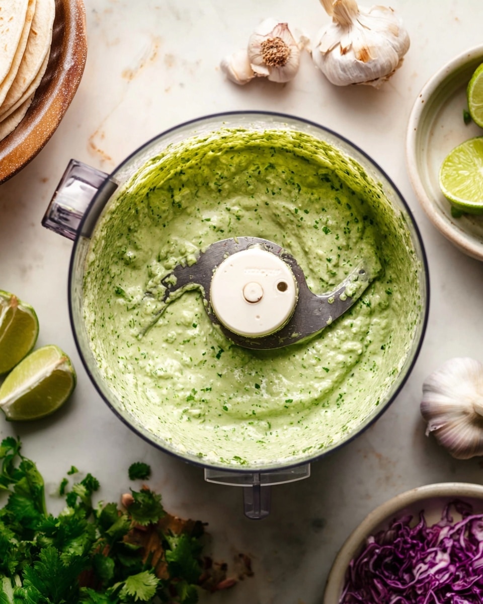 Inside a clear food processor bowl, there is a thick, green sauce with specks of darker green herbs evenly mixed throughout, coating the sides of the bowl smoothly. The white blade sits in the center, visibly clean but with some sauce around its base. Around the bowl, a stack of soft white tortillas wrapped partially in a cloth, whole garlic bulbs, peeled garlic cloves in a white bowl, fresh cilantro leaves, shredded purple cabbage in a white bowl, and a lime wedge rest on a white marbled surface. Photo taken with an iphone --ar 4:5 --v 7