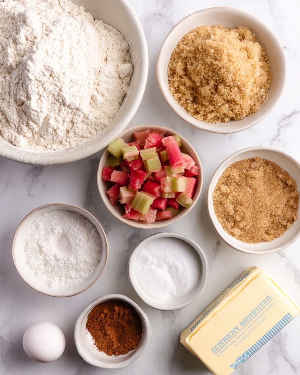 The image shows several white bowls on a white marbled surface, each filled with different baking ingredients. There is one large bowl filled with white flour on the left and a smaller bowl with small, colorful chopped pieces of rhubarb next to it. In the center, a bowl holds light brown sugar with a grainy texture. To the right, there is a small bowl with a heap of cinnamon powder and a separate bowl with white granulated sugar. Two smaller bowls contain white baking powder and another white powdered ingredient. A raw egg rests on the surface near the bottom center, and a stick of yellow butter with blue text is placed on the right side. The setups look clean and bright, perfectly spread for baking preparation. Photo taken with an iphone --ar 4:5 --v 7