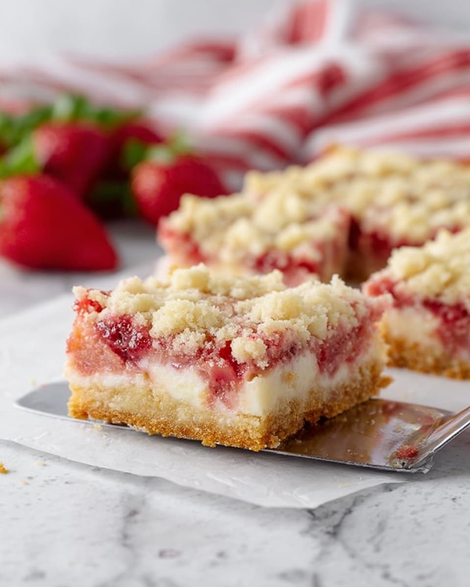A square piece of strawberry crumb bar with three distinct layers: the bottom layer is a golden brown crumbly crust, the middle layer is creamy white with visible chunks of red strawberries, and the top layer is a light golden crumb topping with a slightly rough texture. The piece is being lifted by a metal spatula, with more bars visible in the background placed on white parchment paper. A red and white striped cloth and fresh strawberries with green leaves sit blurred in the background on a white marbled surface. Photo taken with an iphone --ar 4:5 --v 7