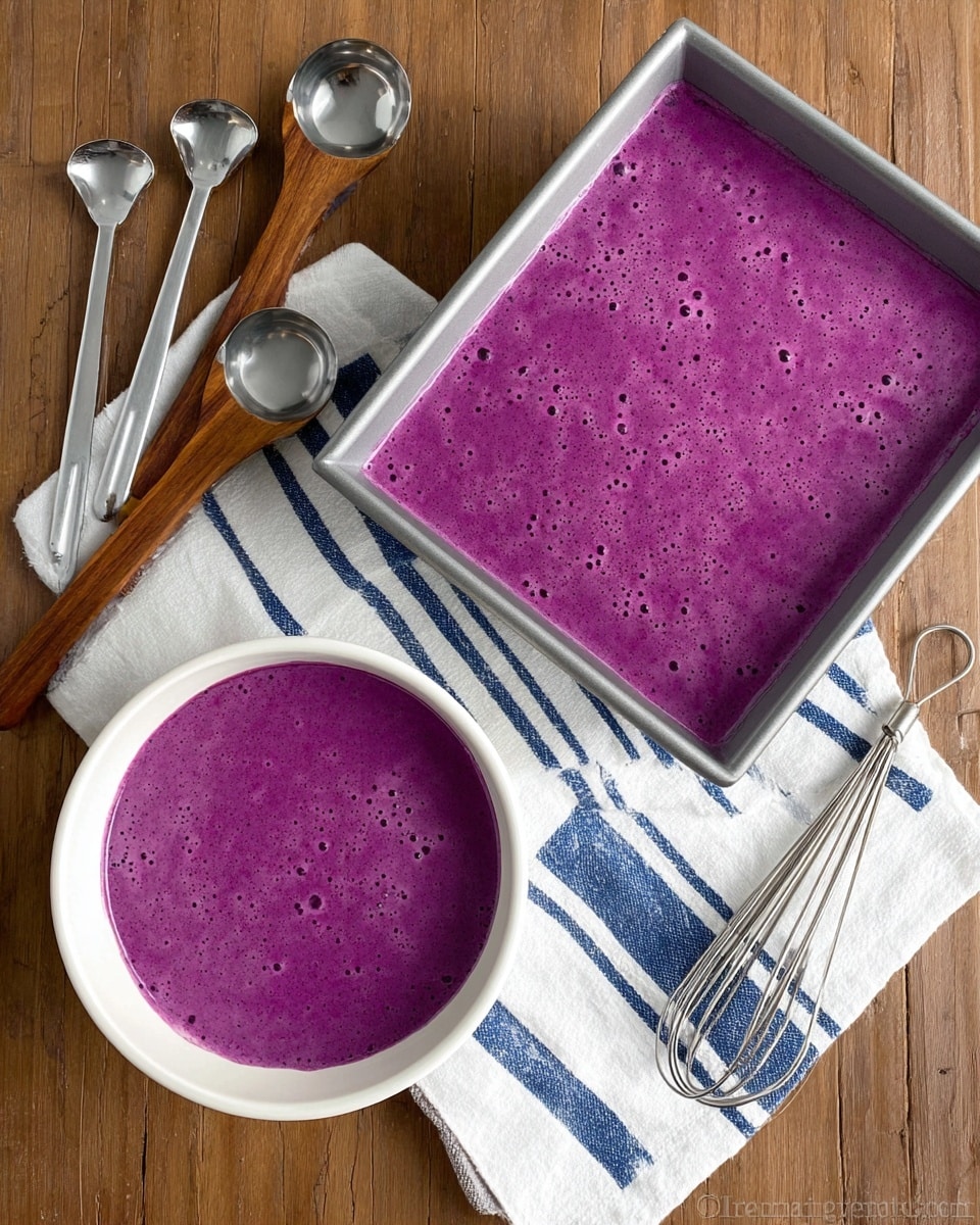 The image shows two containers filled with a smooth, thick purple batter. On the left, a white round bowl contains the purple mixture with tiny bubbles giving it a light, airy texture. On the right, a square metal baking pan is filled with the same vibrant purple batter, smooth on top with small air bubbles scattered across the surface. Both containers rest on a white towel with blue stripes folded on a wooden surface. Nearby, there are three metal measuring spoons, a wooden spoon, and a metal whisk laid out flat. The background is a white marbled texture. photo taken with an iphone --ar 4:5 --v 7