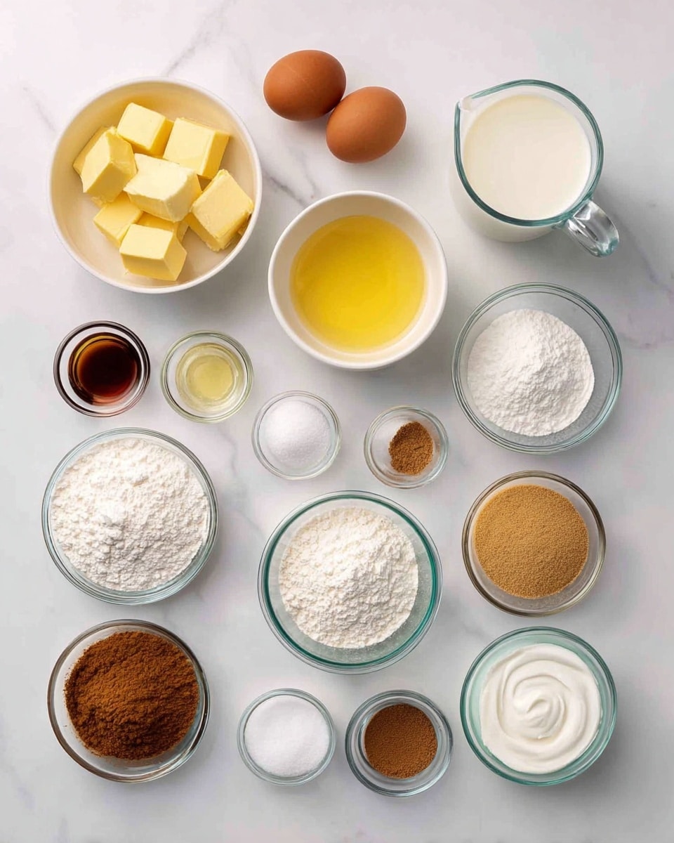 The image shows various baking ingredients neatly arranged in small white and glass bowls on a white marbled surface. There are two whole brown eggs in one white bowl, a bowl with light yellow cubes of butter, another with melted yellow butter, and a clear measuring jug filled with milk. Additionally, there are small glass bowls containing white powder (likely baking soda or baking powder), salt, white sugar, and a small container of sour cream. Two bowls hold brown sugar and flour, and there are two tiny glass bowls with ground cinnamon and vanilla extract. Everything is placed in rows, giving an organized and clean look. photo taken with an iphone --ar 4:5 --v 7