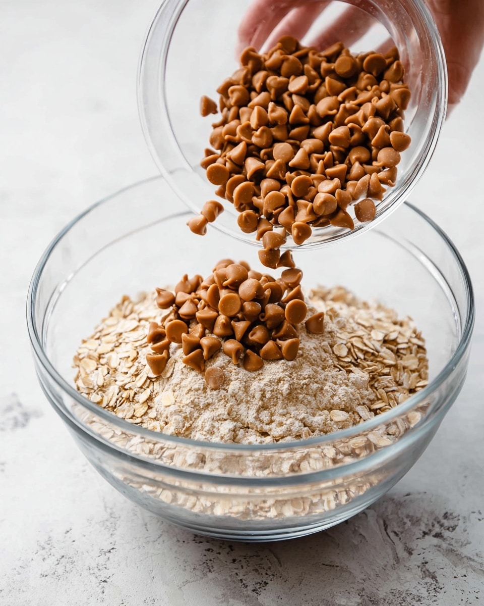 A clear glass mixing bowl sits on a white marbled surface, filled halfway with light beige rolled oats. Above the bowl, a woman's hand is tilting a smaller clear glass bowl pouring caramel-colored chocolate chips that form a small mound on top of the oats and some are falling. The texture of the oats is rough and flaky, and the chocolate chips are smooth and round with pointed tips, creating a contrast in colors and textures. Photo taken with an iphone --ar 4:5 --v 7