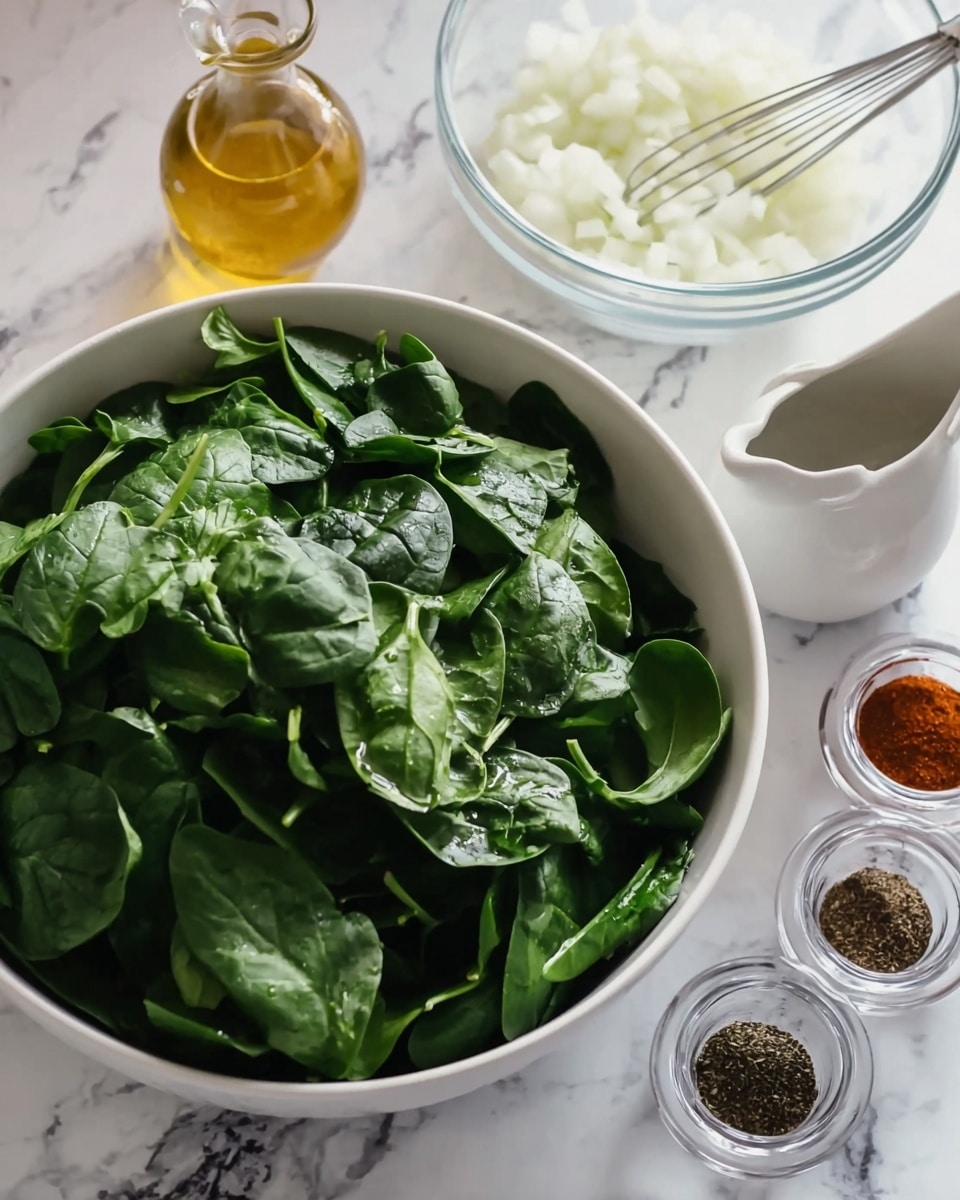 A large white bowl filled with fresh, dark green spinach leaves with visible veins and stems, placed on a white marbled surface. Next to the bowl, there is a small white pitcher holding golden olive oil, and three small clear containers with spices in them showing different colors: a reddish spice, a dark green or black spice, and a light coarse salt. Behind them, a clear glass bowl holds finely chopped white onions with a small whisk inside. The setting shows fresh ingredients ready for cooking. photo taken with an iphone --ar 4:5 --v 7