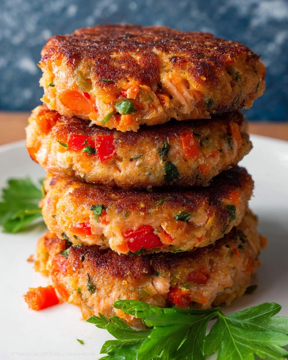 A stack of four thick salmon patties with a crispy, golden-brown crust is shown close-up on a white plate. Each patty is textured with visible pieces of bright orange salmon, red bell peppers, and green herbs mixed throughout, giving a colorful and fresh look. The patties have a slightly uneven surface with bits of fish and vegetables sticking out. Some fresh parsley leaves are placed beside the stack on the plate. The background features a white marbled texture, making the colors of the salmon patties and parsley stand out. photo taken with an iphone --ar 4:5 --v 7