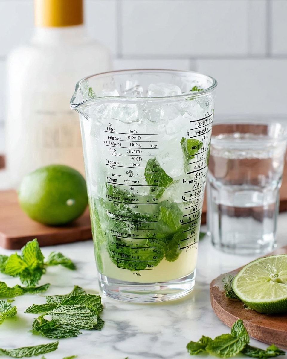 A clear glass measuring cup filled with crushed ice, fresh green mint leaves, and a light green liquid sitting on a white marbled surface, surrounded by scattered mint leaves and a halved lime on a wooden board. In the background, there is a white glass bottle with a yellow top and a clear small glass pitcher. The glass has black measurement markings and cocktail recipes printed on it in vertical columns. Photo taken with an iphone --ar 4:5 --v 7