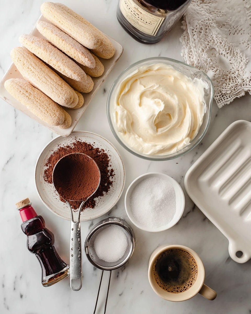 The image shows ingredients for a dessert laid out on a white marbled surface. There is a pile of light beige ladyfinger biscuits at the bottom left, with a slightly rough texture and a dusting of sugar. Above them, a clear measuring cup holds a creamy white liquid, smooth with small bubbles on top. Next to it, a white bowl filled with thick, swirled cream that looks soft and smooth. In the center, a small round plate holds a metal sieve filled with dark brown cocoa powder, with some powder spilled on the plate. A small dark bottle with a removed red cap sits nearby. To the right, a metal measuring cup is full of white granulated sugar, showing the fine grain texture. A beige cup of dark coffee with a bit of froth is placed to the right side. At the top right, a white rectangular ceramic dish with ridged handles is visible next to a white lace-edged cloth. Behind is a dark glass bottle with a cream label. The items form a visually neat and warm preparation setup photo taken with an iphone --ar 4:5 --v 7