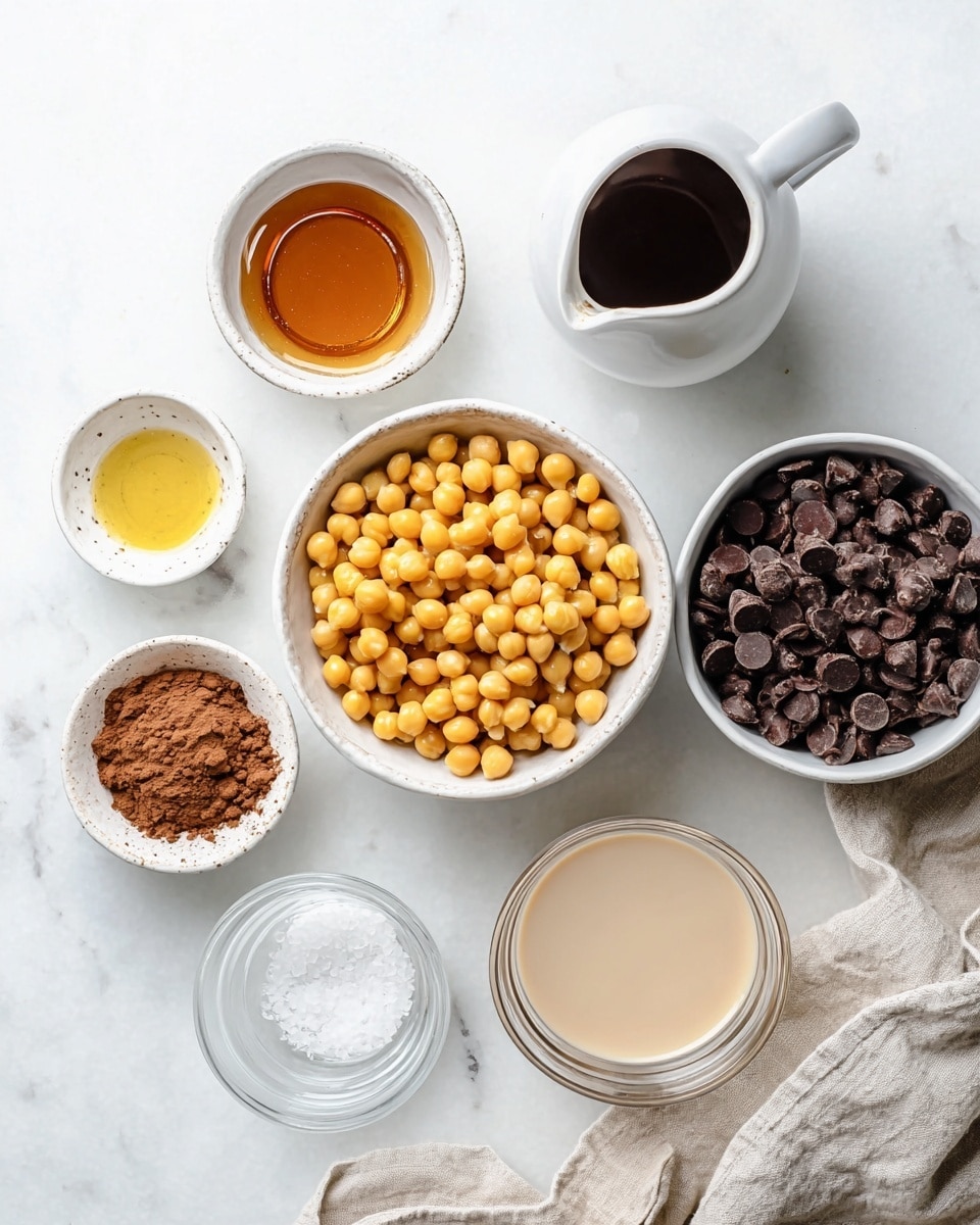 A top view of six small white bowls arranged on a white marbled surface. The center bowl holds a heap of yellow chickpeas with smooth texture. To the top right, a white pitcher contains dark amber maple syrup. Above the center bowl is a bowl filled with dark brown chocolate chips, shiny and round. To the left is a small bowl with a golden liquid, next to an even smaller bowl filled with white salt. Below to the left, a bowl contains a brown powder, cocoa with a fine texture. At the bottom center, another bowl holds a pale beige creamy liquid, possibly tahini. To the right of this is a clear glass bowl with a white liquid, likely milk. A beige cloth is softly draped partly under the bowls on the left side. The photo taken with an iphone --ar 4:5 --v 7