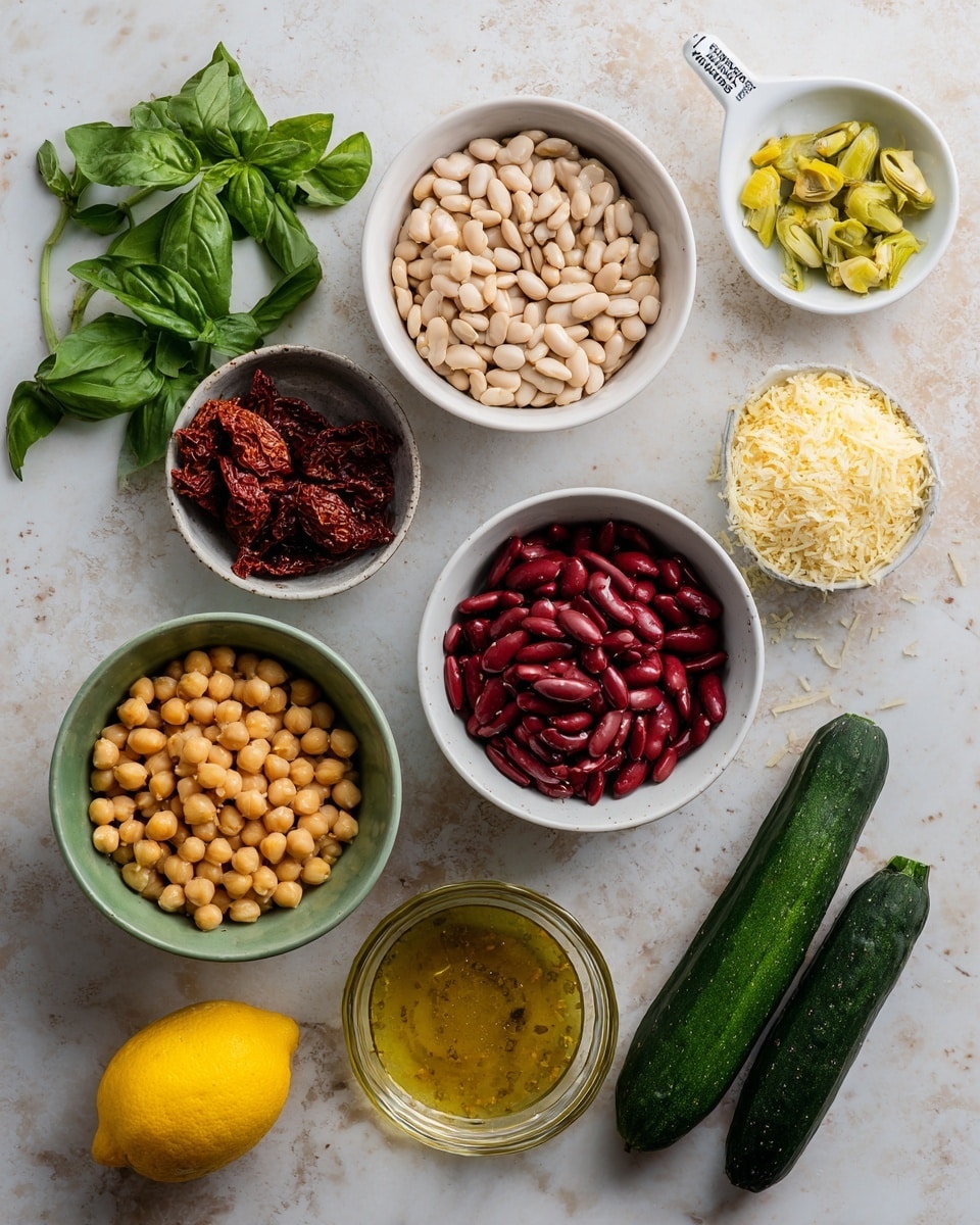The image shows a collection of fresh and dried ingredients arranged neatly on a white marbled surface. There are three white bowls: one with pale beige beans at the top, one with bright red kidney beans below it, and another with light yellow grated cheese to the right. A white measuring cup holds yellow-green artichoke pieces near the kidney beans. A small white bowl contains dark red sun-dried tomatoes placed next to a whole yellow lemon. A green bowl is filled with round, golden chickpeas to the left of the kidney beans. Below, a small glass bowl contains a yellow sauce or dressing. Two fresh, dark green cucumbers lie side by side on the right. Fresh green basil leaves are on the left, with sprigs of cilantro below them. The whole setup is clean, colorful, and inviting. photo taken with an iphone --ar 4:5 --v 7