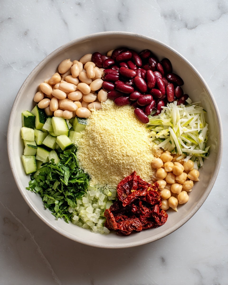 A white bowl sits on a white marbled surface, filled with seven neat layers arranged in a circle. Starting from the top and moving clockwise, the first layer is shiny dark red kidney beans, followed by smooth light beige beans. Next is a layer of chopped green cucumber, then pale yellow chopped artichokes. Beside these are dark red sun-dried tomatoes, a small bunch of chopped fresh green herbs, and pale yellow garbanzo beans. In the center of the bowl, there is a mound of finely grated pale yellow cheese powder. The ingredients are clearly separated and vibrant in color, creating a fresh and healthy look. Photo taken with an iphone --ar 4:5 --v 7