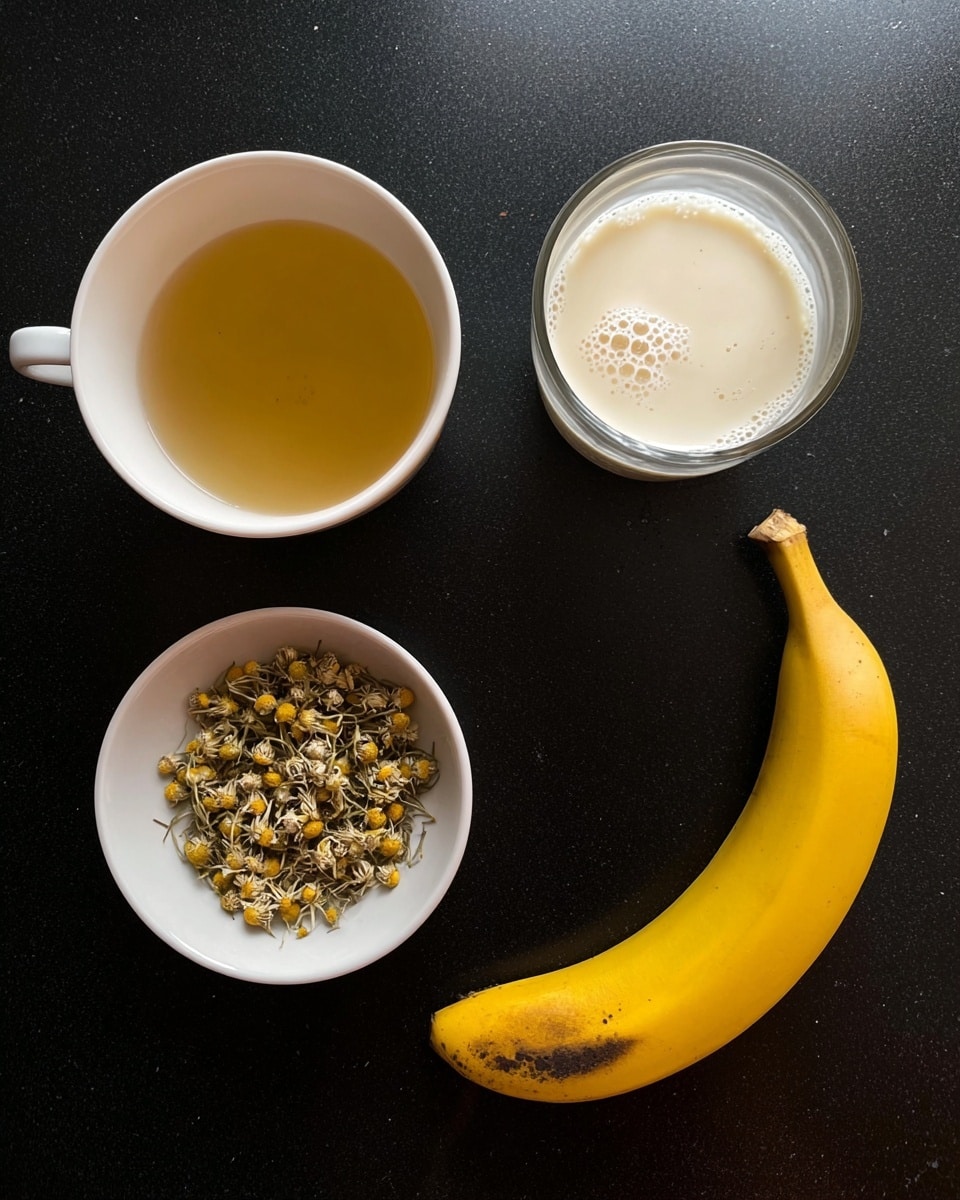 The image shows four items placed on a black surface: a white cup filled with a light golden liquid at the top left, a clear glass cup of off-white milk with bubbles at the top right, a white bowl holding small dried chamomile flowers at the bottom left, and a ripe yellow banana with a few dark spots placed on the right side. The arrangement forms a rough square with two drinks on top and two solid ingredients below. Each item has clear colors and textures, contrasting with the dark background. photo taken with an iphone --ar 4:5 --v 7