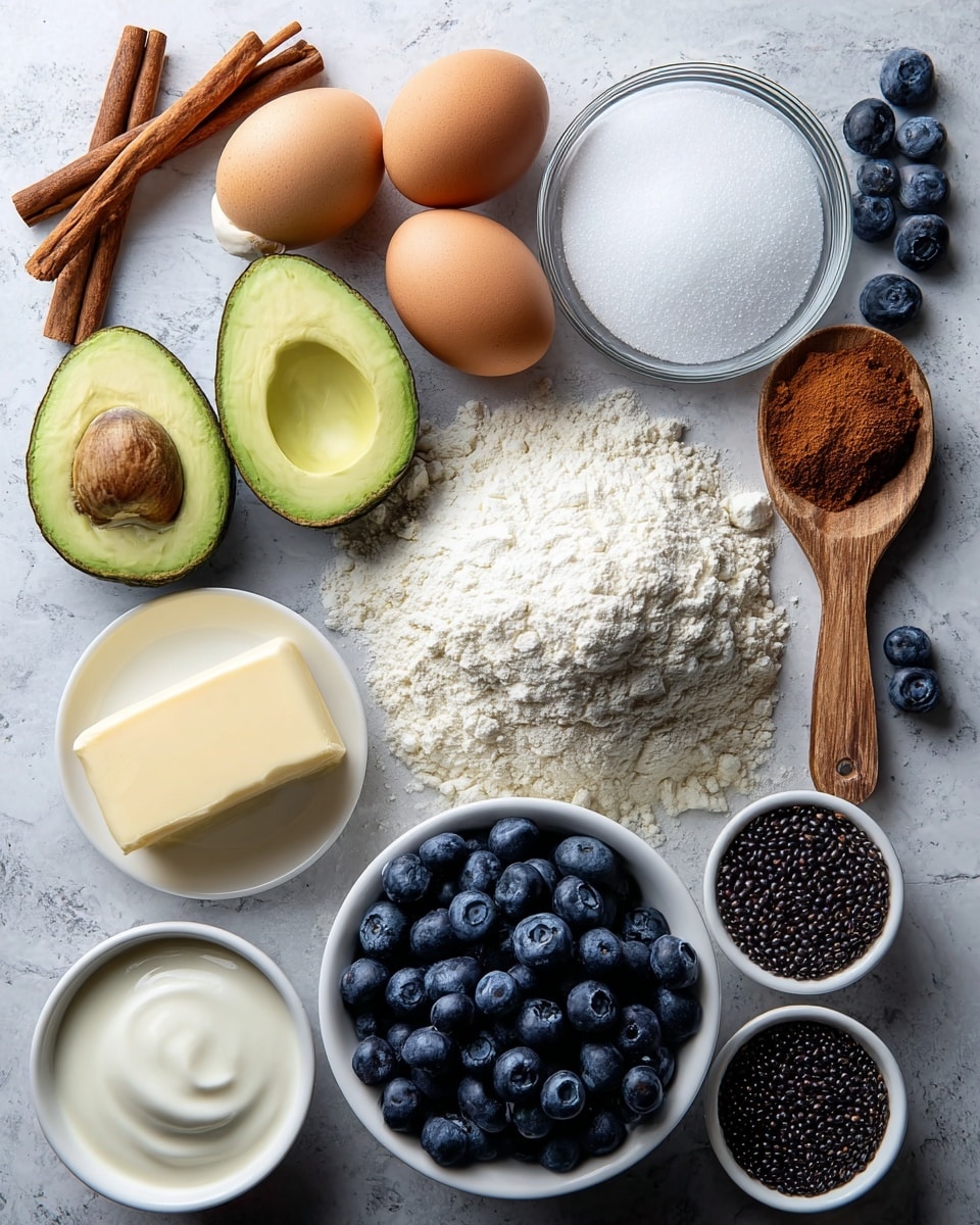 The image shows various ingredients arranged neatly on a white marbled surface. In the center is a pile of white flour surrounded by fresh blueberries in a white bowl below it, and a wooden spoon filled with brown cinnamon on the right side. Above the spoon is a small clear glass bowl with white granulated sugar. Toward the left are two brown eggs placed next to two halves of a sliced avocado with the brown seed visible in one half and the other half empty, with one whole avocado next to them. A piece of pale yellow butter sits in a white bowl near the bottom left corner, next to a white bowl of creamy white yogurt. Nearby is a small white bowl filled with dark purple poppy seeds, with a few blueberries scattered around, and three cinnamon sticks rest on the top left. The photo is taken with an iphone --ar 4:5 --v 7