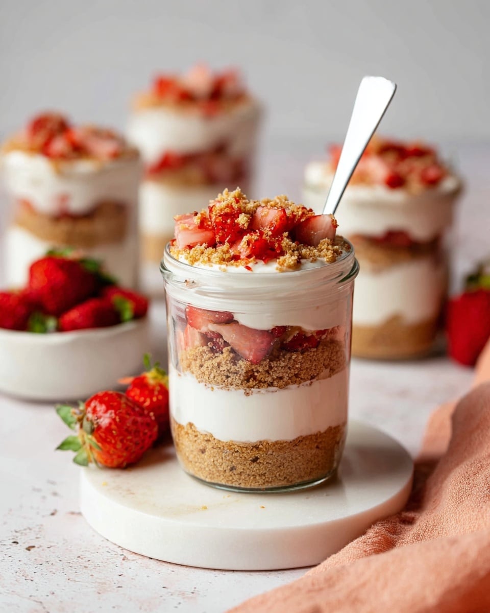 The image shows a glass jar dessert with four clear layers. The bottom layer is a thick light brown crumb layer. Above it is a smooth white cream layer. Then comes another crumb layer similar to the bottom one, topped with chopped red strawberries mixed with some crumbs. The jar is placed on a white circular board on a white marbled surface. A white spoon sticks out from the jar at the top. In the background, there are similar jars blurred and a small white bowl with whole strawberries. A soft peach-colored cloth lies partially in front. Photo taken with an iphone --ar 4:5 --v 7