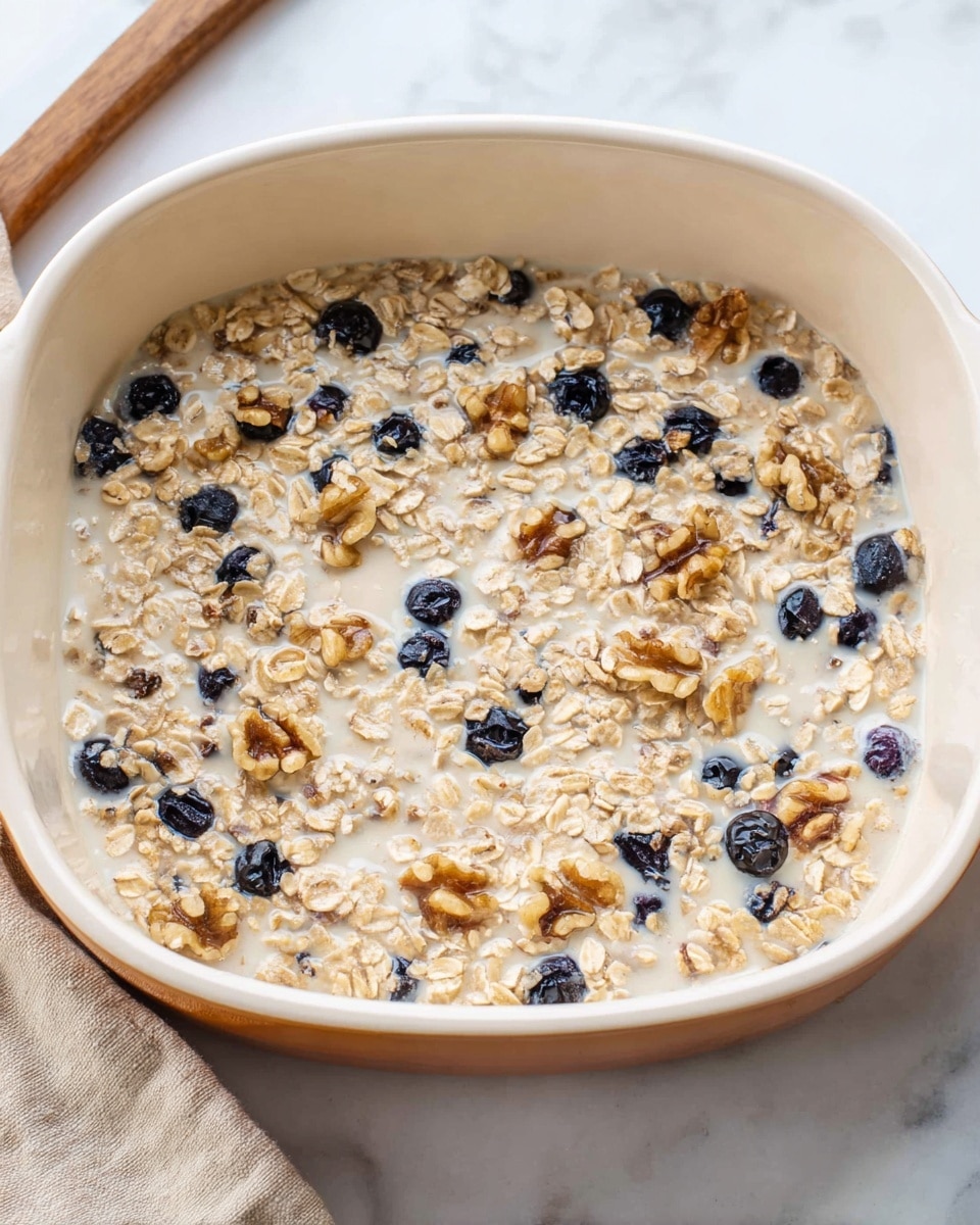The dish shows a white casserole dish filled with a single, thick layer of uncooked oats mixed with milk. Scattered throughout this layer are dark blue blueberries and small walnut pieces. The texture is slightly wet from the milk, with the oats looking soft but still loose, and the nuts adding a rougher texture. The dish sits on a white marbled surface, with a beige cloth partially visible in the bottom left corner. Photo taken with an iphone --ar 4:5 --v 7