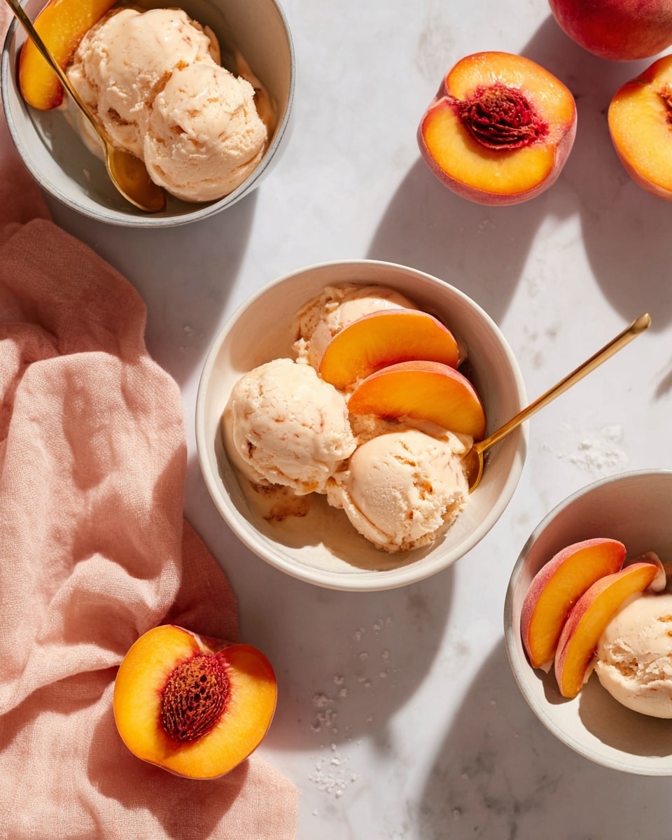 The image shows a rectangular glass dish filled with a creamy peach dessert that has visible peach pieces mixed throughout the top layer. The dessert has a smooth, lightly textured surface with some uneven marks. Around the dish, there are white bowls with peach slices inside, halved peaches, and a set of metal spoons on the white marbled surface. A soft peach-colored cloth is casually draped next to the dish. The lighting creates soft shadows and highlights across everything, enhancing the fresh and inviting look. Photo taken with an iphone --ar 4:5 --v 7