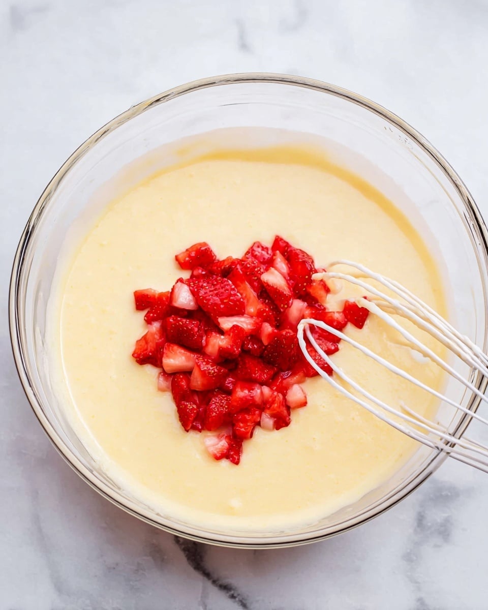 A clear glass bowl filled with a light yellow batter that appears smooth and creamy fills most of the image. On top of the batter, near the center, is a small pile of bright red, finely chopped strawberries, adding a fresh and vibrant contrast. A white whisk with thin wires is partially submerged in the batter on the right side of the bowl, suggesting mixing is in progress. The bowl sits on a surface with a white marbled texture, giving a clean and fresh look. Photo taken with an iphone --ar 4:5 --v 7