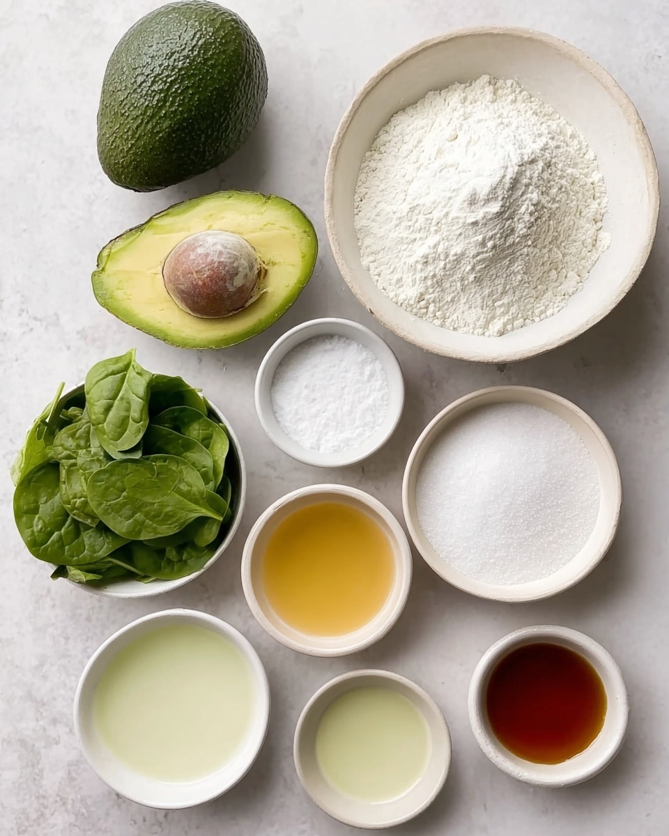 A white marbled surface holds nine ingredients arranged neatly: in the top center, a large white bowl filled with a fine white powder; to its left, two avocados, one whole and one cut in half showing its green flesh and brown seed; below is a smaller white bowl filled with fresh green spinach leaves; next to it, a tiny white bowl with a small pinch of white powder; in the middle right, a medium white bowl with white granulated sugar; below it, a small white bowl holding a clear light yellow liquid; to the right, a larger white bowl filled with golden honey-colored syrup; next to the honey is a small white bowl containing a transparent white liquid; and finally, at the bottom right, a small white bowl with a brown liquid. photo taken with an iphone --ar 4:5 --v 7