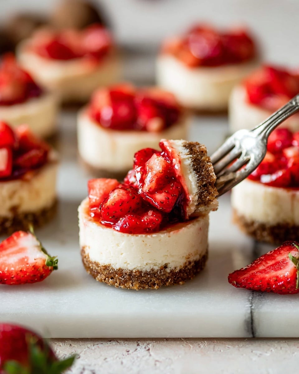 The image shows a close-up of multiple small round cheesecakes on a white marbled surface. Each cheesecake has three layers: a crumbly brown base, a thick creamy off-white middle layer, and a topping of bright red chopped strawberries. One cheesecake in the center is pierced by a silver fork lifting it slightly, highlighting the texture of the creamy middle layer and shiny strawberry topping. Around the cheesecakes, there are a few whole strawberries placed casually on the white marbled surface. The background is softly blurred, keeping the focus on the cheesecakes. photo taken with an iphone --ar 4:5 --v 7
