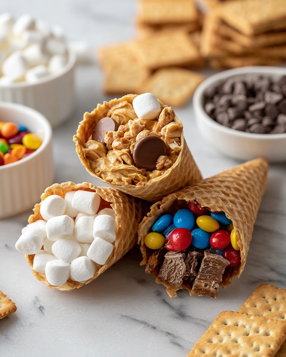 The image shows two waffle cones lying on a white marbled surface, both filled with small white marshmallows on top. The cone on the left has a layer of peanut butter inside, topped with golden brown peanuts and a single round chocolate candy in the center. The cone on the right also has a peanut butter base, layered with colorful candy-coated chocolates, white marshmallows, dark chocolate chips, and a small chocolate peanut cup near the edge. In the background, there are small white bowls filled with dark chocolate chips, colorful candy, and chocolate peanut cups, with stacked golden brown graham crackers nearby. Photo taken with an iphone --ar 4:5 --v 7