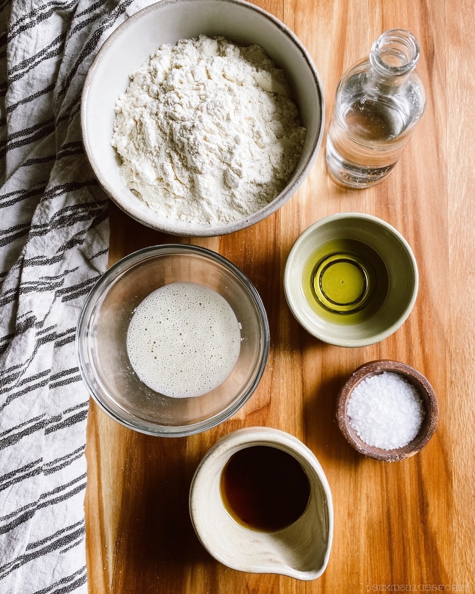 Top view of six bowls and a small bottle on a wooden table with a striped cloth on the left side. The largest bowl at top left is white, filled with white flour with a soft, crumbly texture. To the right of it, there is a clear glass bottle with clear liquid. Below the flour bowl, a clear glass bowl holds a frothy white mixture with bubbles on the surface. To the right of the frothy mix, a small, round beige bowl contains a dark brown thick liquid with a smooth surface. Below these, a small white ceramic pitcher has greenish-yellow oil with a shiny surface inside. Below and to the right of the pitcher, a small beige bowl holds white salt with a grainy texture. The setting is on a wooden table with a warm color, and the background should be changed to a white marbled texture. Photo taken with an iphone --ar 4:5 --v 7