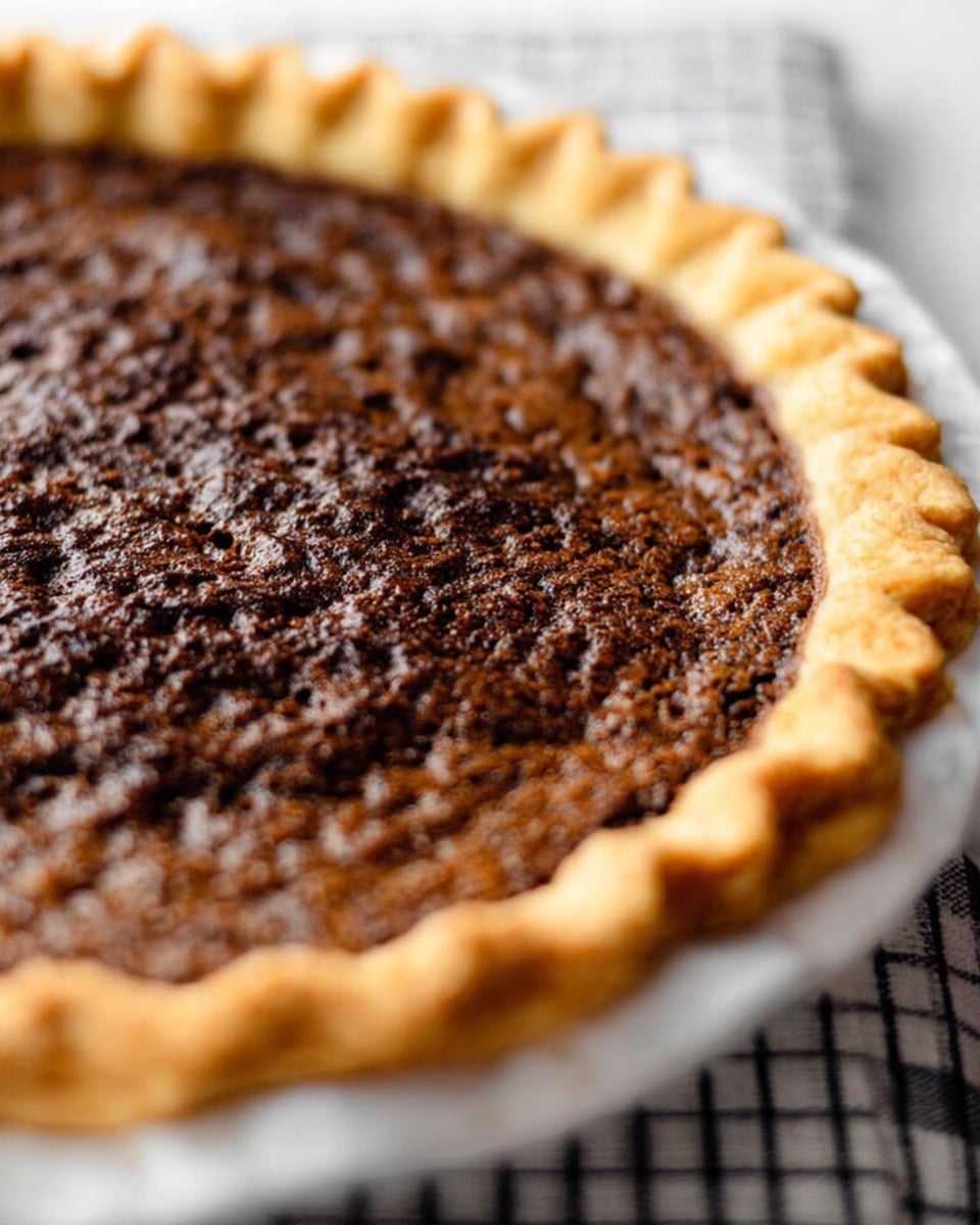 A close-up image of a pie with one visible layer showing a rich, dark brown, textured filling. The pie crust forms a light golden color border around the top edge, with a crimped pattern that adds detail and contrast to the dark filling. The pie rests on a white marbled surface, and a simple checkered cloth is faintly visible in the background. The overall look shows a baked dessert with a crisp crust and a slightly bubbly, firm filling. photo taken with an iphone --ar 4:5 --v 7