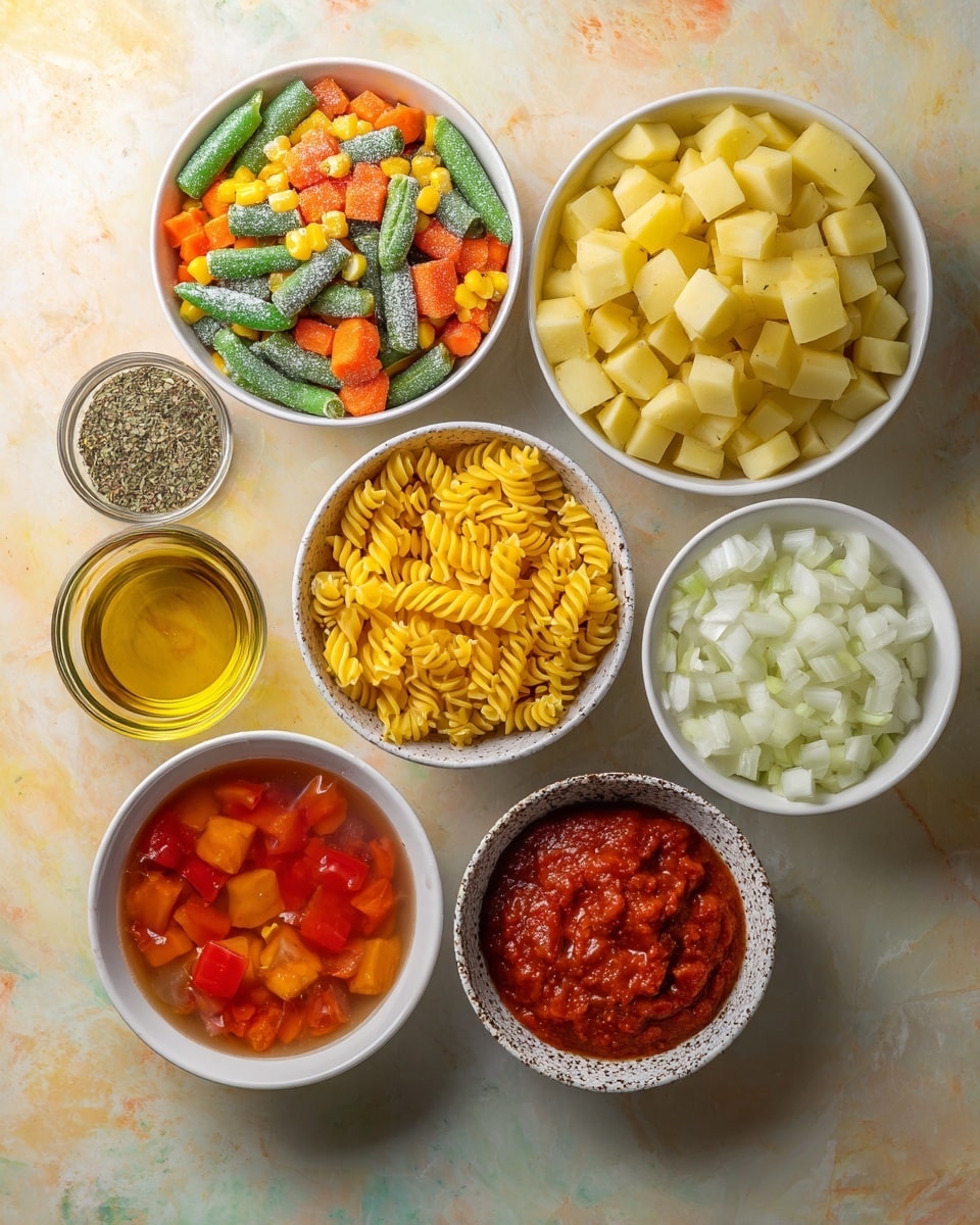The image shows nine white bowls arranged on a white marbled surface, each containing different ingredients. The top left bowl holds a colorful mix of frozen vegetables including green beans, corn, peas, and carrot sticks with a frosty texture. To its right is a bowl filled with small chunks of peeled yellow potatoes. Below the vegetable mix is a bowl with bright yellow rotini pasta. Below the pasta is a bowl with tomato chunks in red liquid. Next to the potatoes is a clear bowl with golden olive oil. Below the olive oil is a speckled bowl containing thick red tomato paste. In the center is a bowl filled with diced white onions. On the top left corner, there is a small bowl containing mixed dried herbs, black pepper, and salt. The photo taken with an iphone --ar 4:5 --v 7