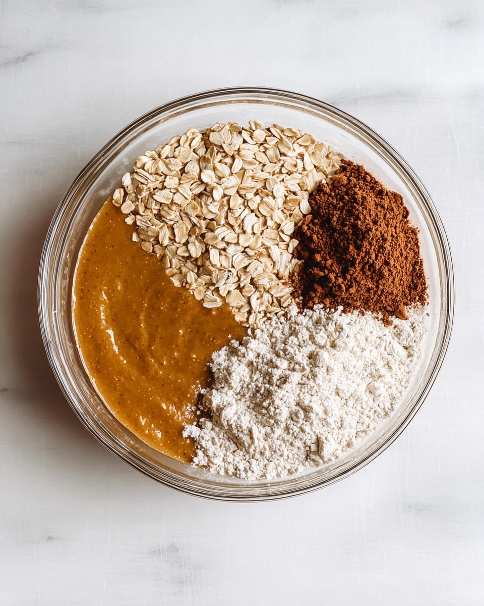 A clear glass bowl sits on a white marbled surface, filled with four visible layers of ingredients. The bottom left layer is a smooth, thick golden-brown mixture that takes up about half of the bowl. To the top right, there is a layer of pale beige rolled oats, coarse and slightly shiny. Below the oats is a pile of fine, off-white flour with a powdery texture, covering the lower right part of the bowl. Next to the oats and touching the flour is a small heap of dark brown cocoa powder mixed with a pinch of white baking powder, creating a rough, crumbly texture. The layers are neatly separated and show a contrast of colors and textures. Photo taken with an iphone --ar 4:5 --v 7
