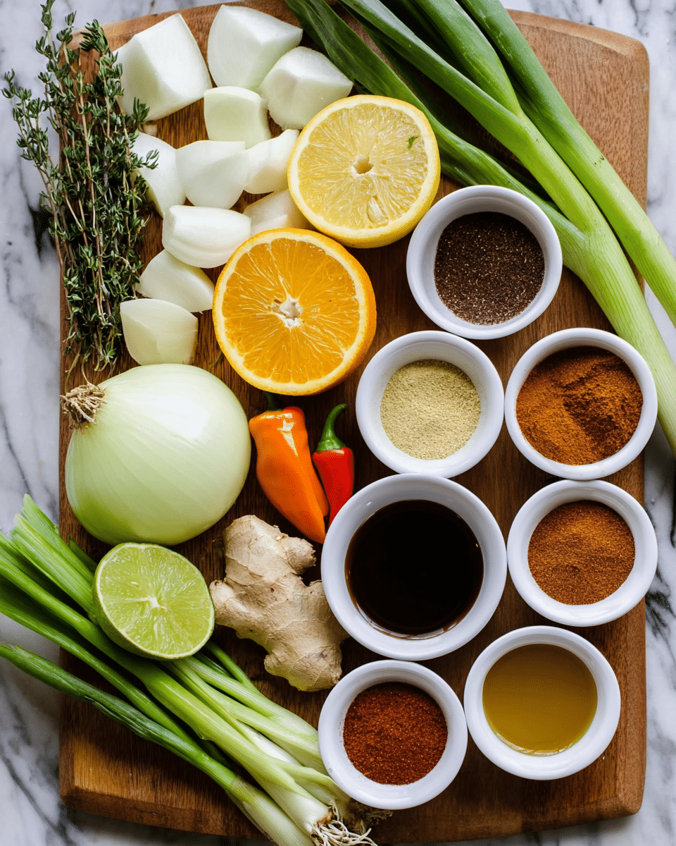 The image shows a wooden board full of fresh ingredients and spices neatly arranged. On the left side, there are large white onion chunks and several garlic cloves, along with a halved lemon and a halved orange showing their bright yellow and orange inside. In the center, there are two small hot peppers—one bright orange and one dark brown—plus a piece of pale yellow ginger and a halved green lime. Long green scallions are grouped to the right. Around the board are small white bowls holding different ground spices in brown and red shades, as well as dark and golden liquids. Green sprigs of fresh thyme lie near the top left. The background is a white marbled surface. photo taken with an iphone --ar 4:5 --v 7