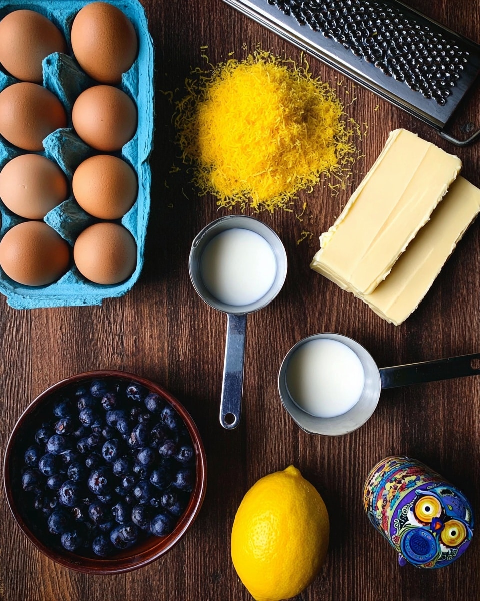 The image shows a collection of baking ingredients arranged on a dark wooden surface. In the top left, there is a light blue egg container holding nine brown eggs. Below the eggs, there is a small heap of bright yellow lemon zest. Next to the zest are two rectangular slabs of pale yellow butter. To the right of the butter, two metal measuring cups with white liquids inside are placed one above the other, with the handles pointing to the right. At the bottom left, a brown bowl is filled with dark blue blueberries. On the bottom right corner is a whole bright yellow lemon. A metal grater with a black handle lies horizontally near the top right edge, and a colorful owl-shaped container is partially visible near the top right corner. The setting is on a dark wooden surface. photo taken with an iphone --ar 4:5 --v 7