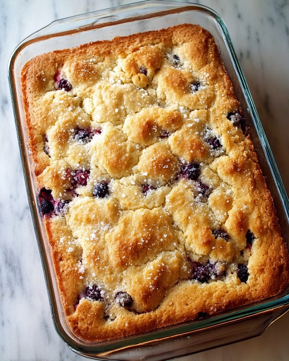 A glass rectangular baking dish filled with a golden-brown baked dessert with a rough, bumpy top layer. The top layer has patches of a slightly darker brown crust mixed with lighter, pale areas, dotted with small, dark purple berries scattered evenly throughout. The top is sprinkled with small white granules, giving a rough texture. The dish rests on a white marbled surface, and the sides of the glass dish show the soft inner dessert beneath the top crust. Photo taken with an iphone --ar 4:5 --v 7
