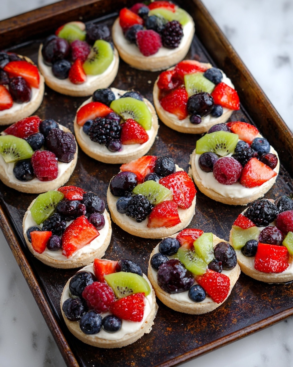 The image shows a tray with fifteen small round fruit tarts, each made up of three visible layers. The bottom layer is a light beige cookie base with a smooth texture. On top, there is a creamy white layer of frosting or cream spread evenly, giving a soft look. The top layer is a colorful mix of fresh fruit pieces including dark purple blackberries, bright green kiwi chunks, red strawberries, blue blueberries, and red raspberries. The fruit is arranged in a casual pile, showing different colors and textures on each tart. All the tarts are on a dark, well-used baking tray with scratches. The background around the tray is a white marbled surface. photo taken with an iphone --ar 4:5 --v 7
