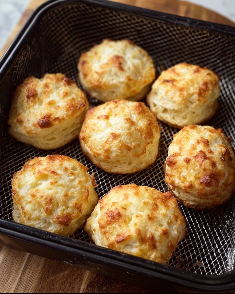 The image shows eight golden brown, puffy baked biscuits with a slightly rough and crispy texture on top, arranged on a black wire mesh tray inside a dark air fryer basket. The biscuits have uneven, rounded shapes with some small cracks and spots of light browning. The basket is sitting on a wooden surface, but the background and surface in the description will be white marbled texture. Photo taken with an iphone --ar 4:5 --v 7