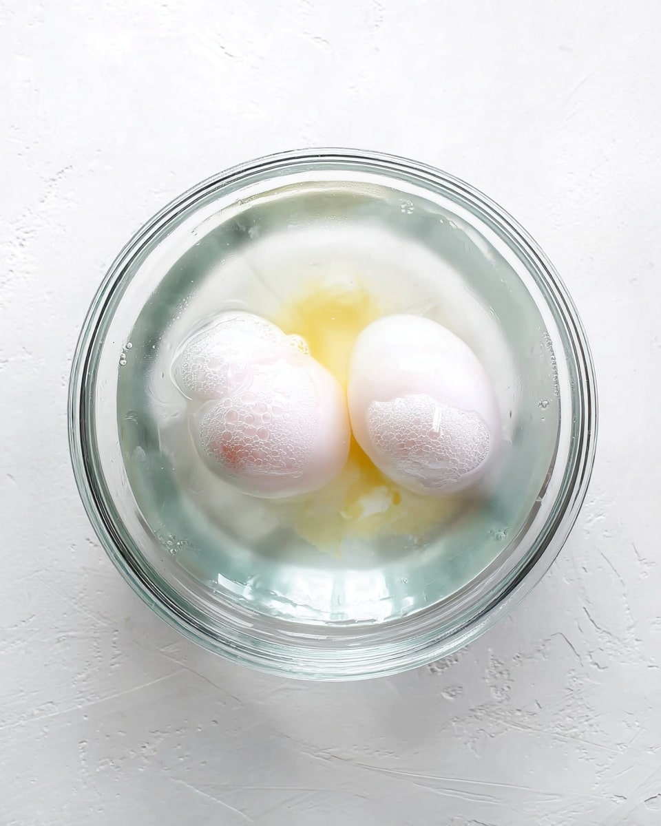 A clear glass bowl sits on a white marbled surface filled with water, holding two poached eggs. Each egg has a soft, white, slightly textured outer layer with a smooth, pale yolk visible beneath the surface. The eggs float gently in the water, showing light reflections on the bowl’s rim and water surface. The overall setting is bright, clean, and simple, with good light enhancing the transparency of the bowl and the soft shapes of the eggs. photo taken with an iphone --ar 4:5 --v 7