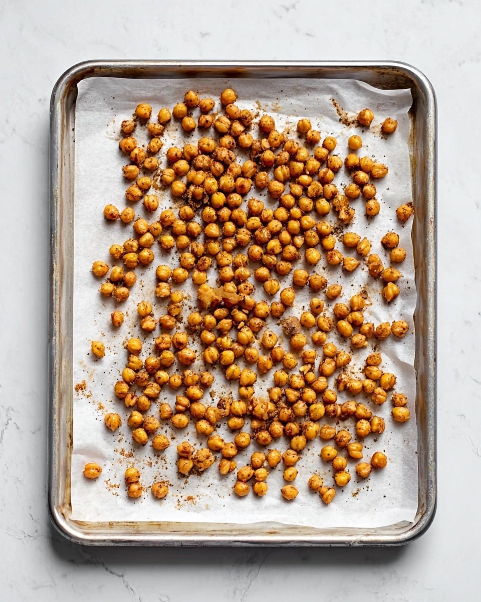 A silver baking tray topped with white parchment paper holds one layer of golden brown roasted chickpeas scattered unevenly. The chickpeas have a slightly rough, crispy texture with some darker seasoning flakes visible, spread mostly in the center but touching all edges of the parchment. The tray rests on a white marbled surface, bright and clean, with no additional items or layers around. Photo taken with an iphone --ar 4:5 --v 7
