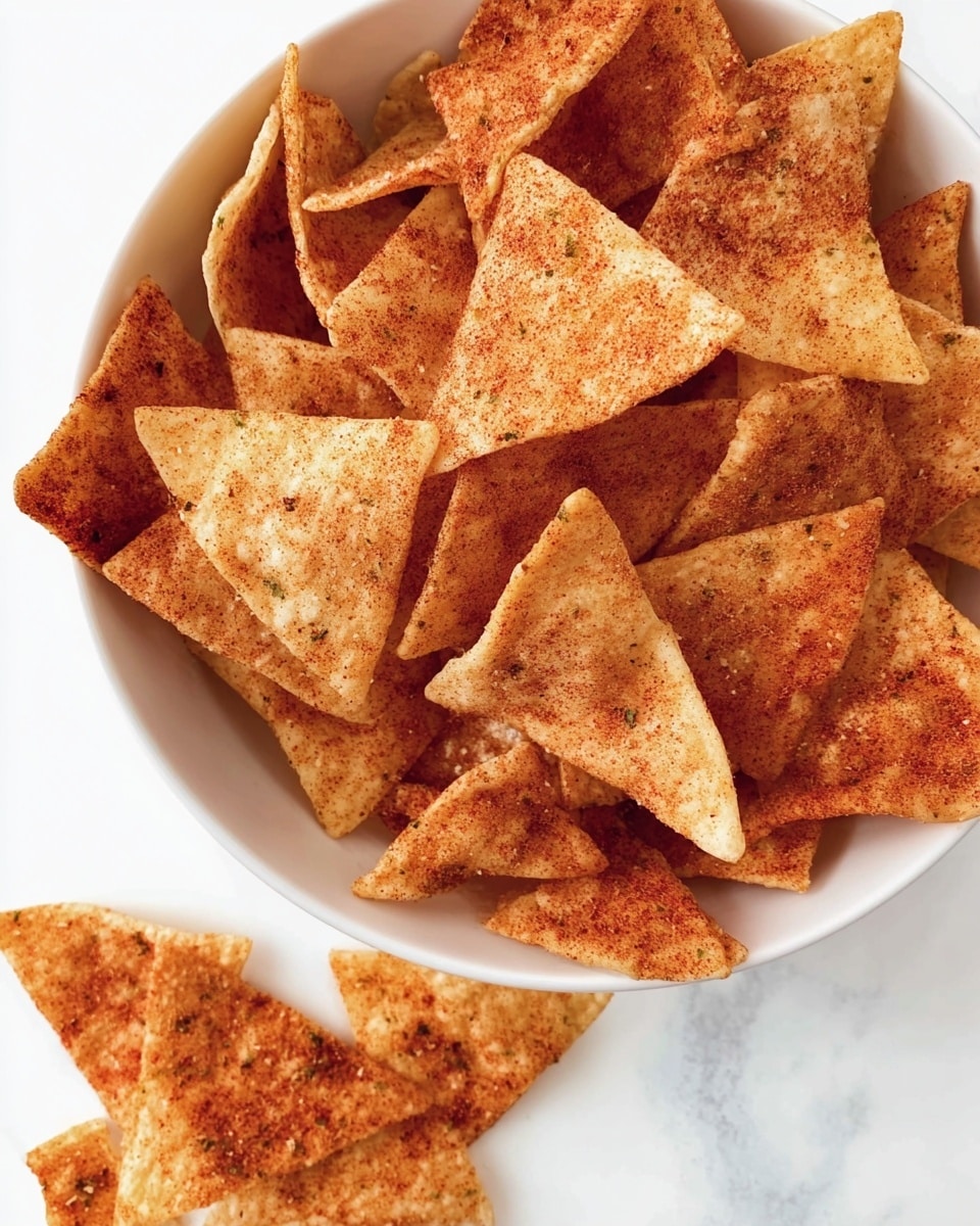 A white bowl filled with many triangular chips that have a light golden base color, covered unevenly with a reddish-orange seasoning powder that gives a rough texture on top. Some chips inside the bowl show more seasoning, making them look darker, while others are lighter and plain. A few chips are scattered outside the bowl on a white marbled surface, showing the mix of plain and dusted colors. The chips have a crunchy, slightly curled appearance with some edges folded upward. The photo taken with an iphone --ar 4:5 --v 7