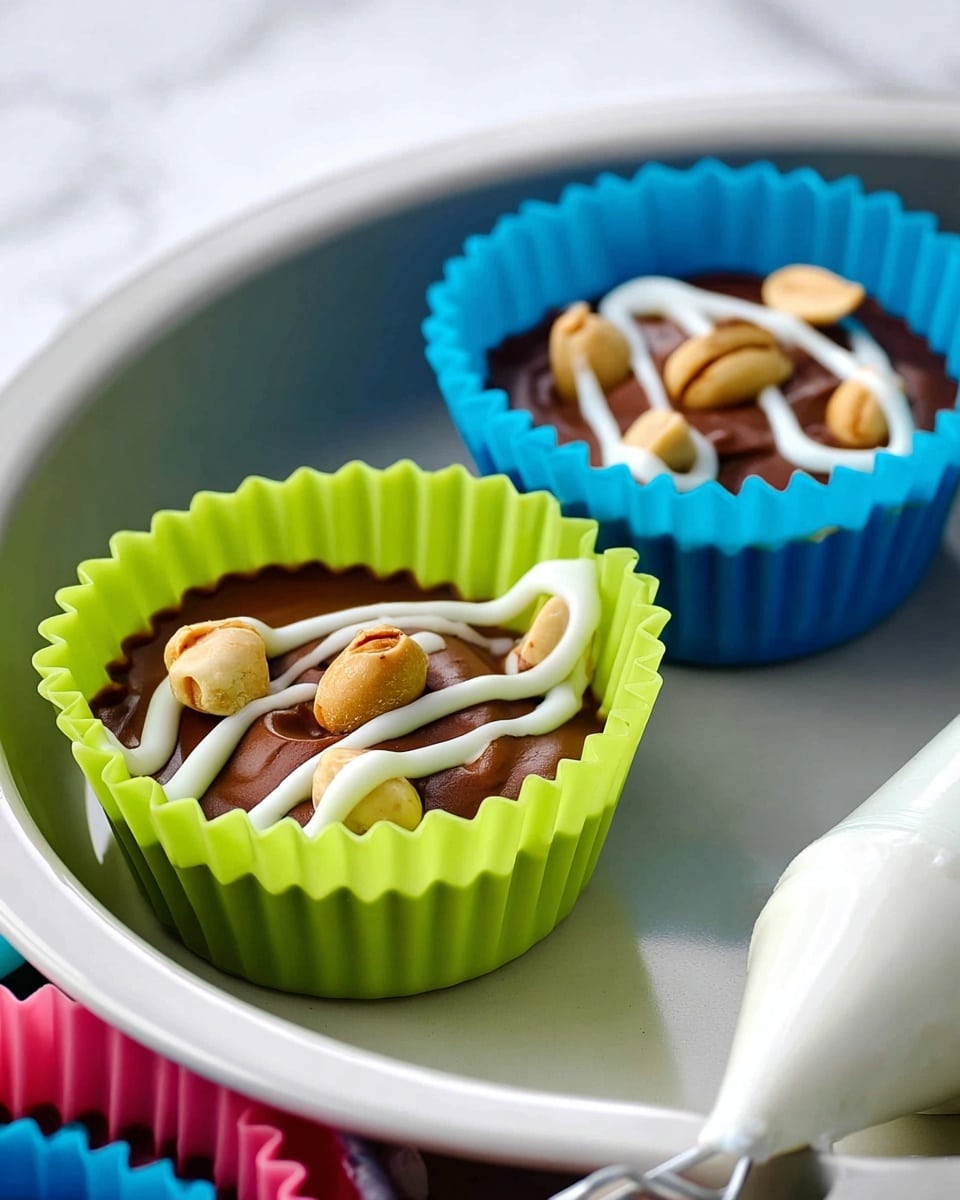 The image shows two colorful silicone cupcake cups, one green and one blue, each filled with a smooth, dark brown chocolate base. On top of the chocolate, there are several peanut pieces scattered, and white icing is drizzled in a simple, loose zigzag pattern over the peanuts in both cups. The cups are placed inside a round white pan with a white marbled surface in the background. A piping bag with white icing rests on the side, ready for more decoration. Photo taken with an iphone --ar 4:5 --v 7