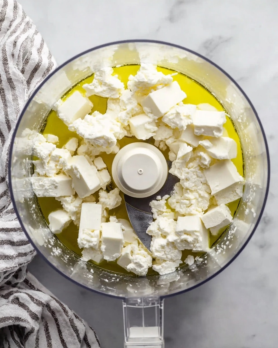 A clear round food processor bowl with a sharp metal blade in the middle holds a smooth, creamy, pale yellow mixture that swirls in layers around the blade. The mixture has a light, fluffy texture with tiny bubbles visible on the surface. The bowl sits on a white marbled surface with a light grey and white striped cloth partially visible in the lower left corner. The transparent lid of the food processor is also visible at the top of the image. photo taken with an iphone --ar 4:5 --v 7