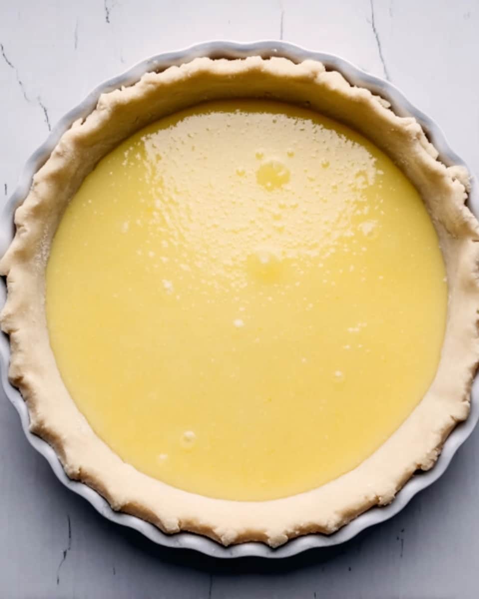 A round pie with a thick, pale crust forms the outer edge, evenly crimped with a slightly rough texture. Inside the crust is a smooth, glossy yellow filling that almost covers the entire surface and has a few small bubbles in the center. The pie sits in a white baking dish with fluted edges, placed on a white marbled surface. photo taken with an iphone --ar 4:5 --v 7