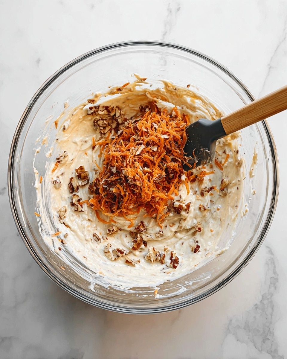 A clear glass bowl sits on a white marbled surface, filled with a creamy, off-white mixture. The mixture contains small chunks of light brown nuts scattered throughout. A pile of shredded orange carrot is on top of the mixture, partially mixed in. A spatula with a black rubber head and a wooden handle rests inside the bowl, touching the carrot and cream mixture. The bowl’s edges show some traces of the creamy texture, and the scene is bright with natural light. photo taken with an iphone --ar 4:5 --v 7