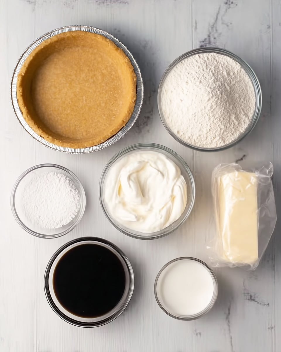 The image shows six small glass bowls and one round tin pie crust on a white marbled surface. The pie crust is golden brown, placed at the top left. Around it, there is a large bowl of white powder at the top right, a bowl with a white creamy substance below it, a tiny bowl with a small amount of white powder to the right, a bowl of dark brown liquid at the bottom left, a bowl with white cream next to it on the right, and a wrapped block of butter at the bottom right. The bowls are arranged neatly around the pie crust with soft natural light. Photo taken with an iphone --ar 4:5 --v 7